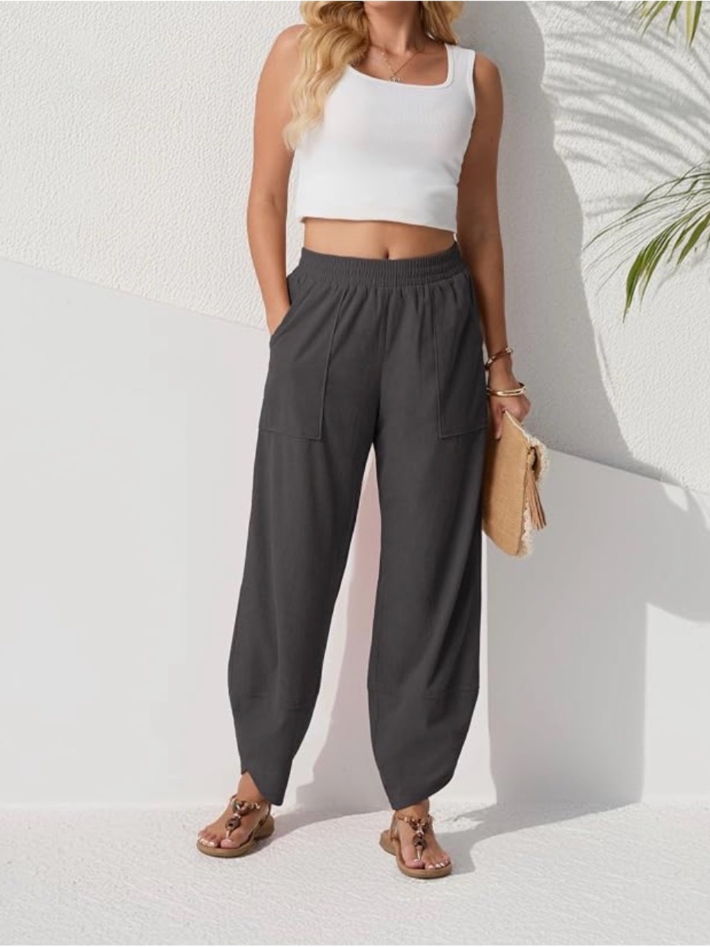 Freeoak Women’s Barrel Leg Pants Gray Ribbed Boho Lounge Pants Medium NWT
